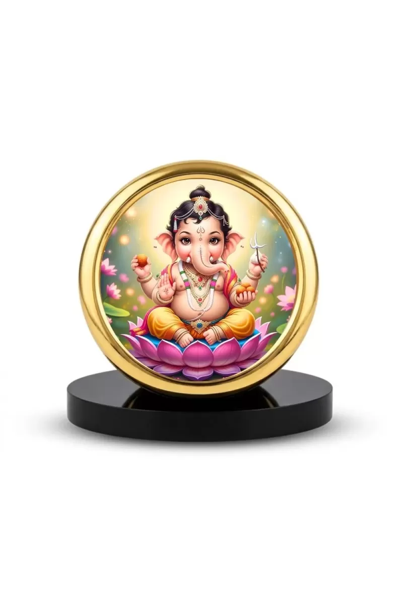 Car Desk/Table Top Lord Ganesha Metal Golden Photo Stand  2x2 Inches, Compact & Stylish Spiritual Display For Car, Home & Office (Pack Of 1) (F18891)