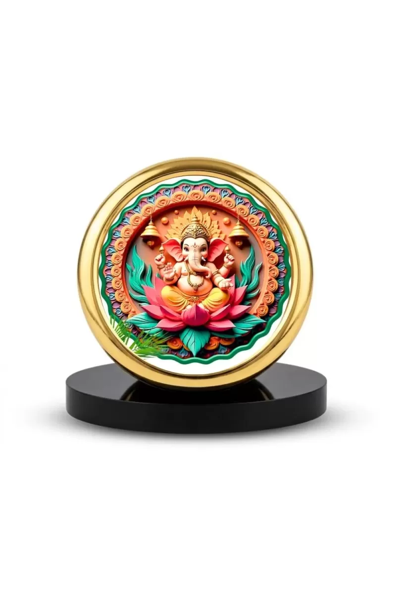 Car Desk/Table Top Lord Ganesha Metal Golden Photo Stand  2x2 Inches, Compact & Stylish Spiritual Display For Car, Home & Office (Pack Of 1) (F18895)