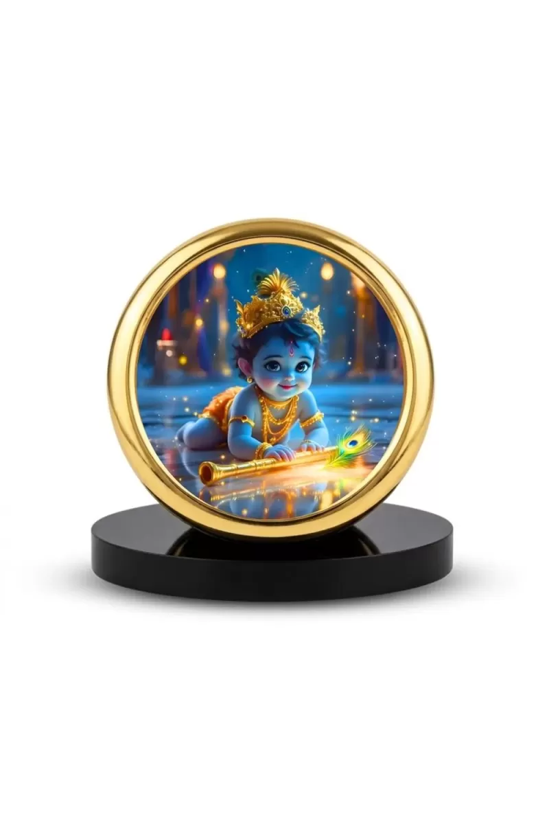 Car Desk/Table Top Little Krishna Metal Golden Photo Stand  2x2 Inches, Compact & Stylish Spiritual Display For Car, Home & Office (Pack Of 1) (F18896)