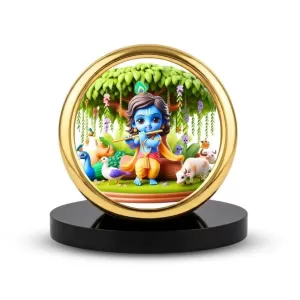 Car Desk/Table Top Little Krishna Metal Golden Photo Stand  2x2 Inches, Compact & Stylish Spiritual Display For Car, Home & Office (Pack Of 1) (F18897)