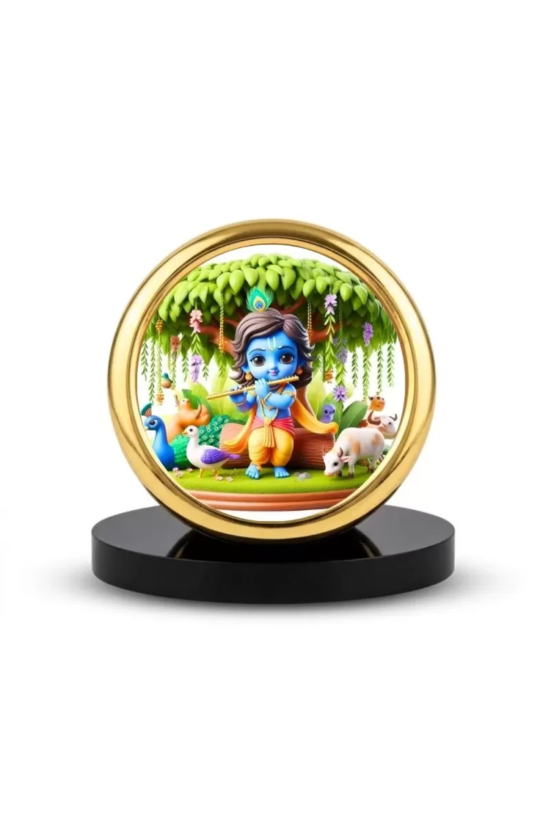 Car Desk/Table Top Little Krishna Metal Golden Photo Stand  2x2 Inches, Compact & Stylish Spiritual Display For Car, Home & Office (Pack Of 1) (F18897)