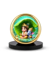 Car Desk/Table Top Little Krishna And Ganesha Metal Golden Photo Stand  2x2 Inches, Compact & Stylish Spiritual Display For Car, Home & Office (Pack Of 1) (F18898)