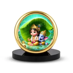 Car Desk/Table Top Little Krishna And Ganesha Metal Golden Photo Stand 2x2 Inches, Compact & Stylish Spiritual Display For Car, Home & Office (Pack Of 1) (F18898) Car Desk/Table Top Little Krishna And Ganesha Metal Golden Photo Stand 2x2 Inches, Compact & Stylish Spiritual Display For Car, Home & Office (Pack Of 1) (F18898)