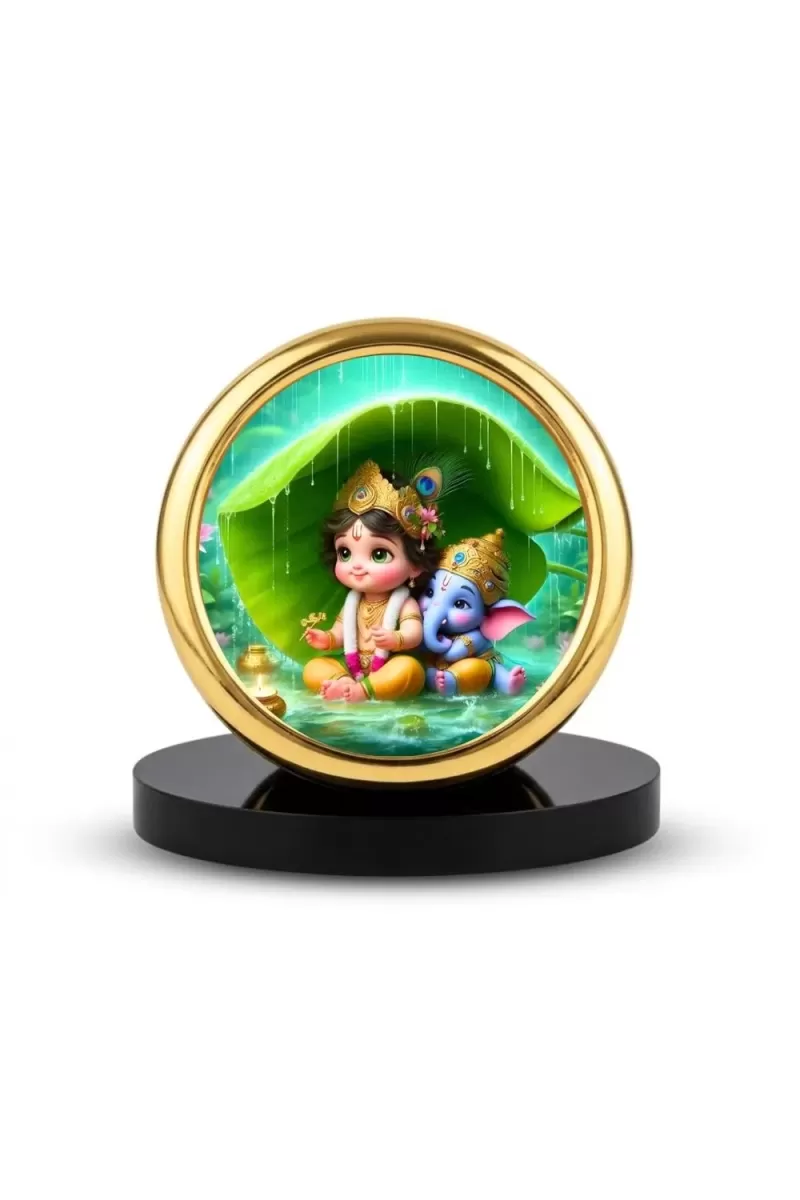 Car Desk/Table Top Little Krishna And Ganesha Metal Golden Photo Stand  2x2 Inches, Compact & Stylish Spiritual Display For Car, Home & Office (Pack Of 1) (F18898)