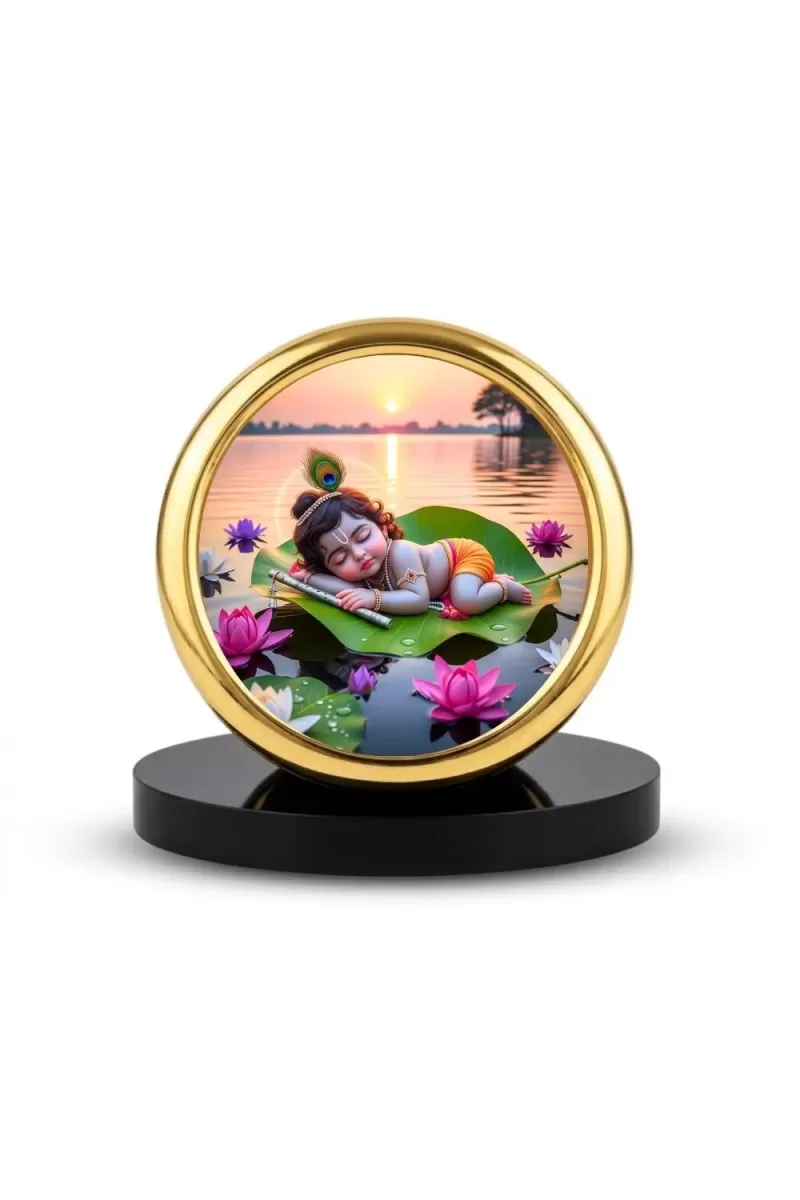 Car Desk/Table Top Little Krishna Metal Golden Photo Stand  2x2 Inches, Compact & Stylish Spiritual Display For Car, Home & Office (Pack Of 1) (F18899)