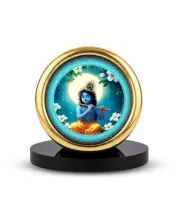 Car Desk/Table Top Lord Krishna Metal Golden Photo Stand  2x2 Inches, Compact & Stylish Spiritual Display For Car, Home & Office (Pack Of 1) (F18901)