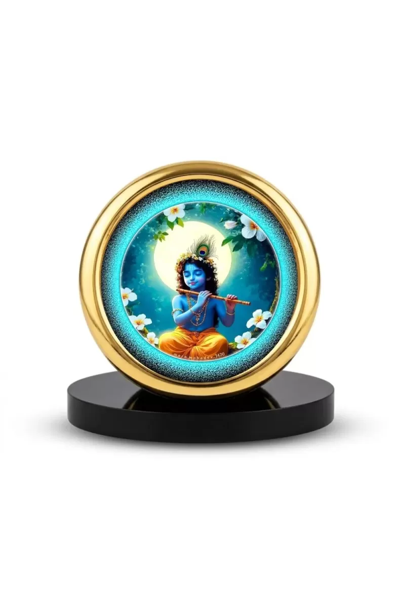 Car Desk/Table Top Lord Krishna Metal Golden Photo Stand  2x2 Inches, Compact & Stylish Spiritual Display For Car, Home & Office (Pack Of 1) (F18901)