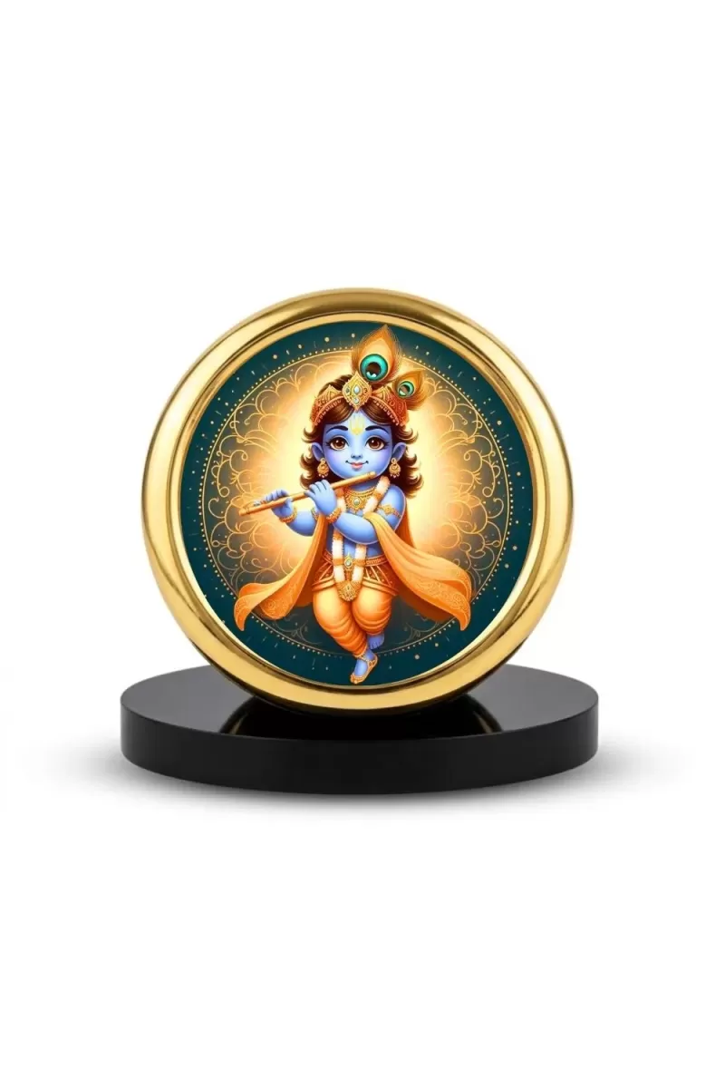 Car Desk/Table Top Lord Krishna Metal Golden Photo Stand  2x2 Inches, Compact & Stylish Spiritual Display For Car, Home & Office (Pack Of 1) (F18903)