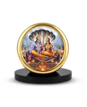 Car Desk/Table Top Lord Vishnu And Lakshmi Metal Golden Photo Stand  2x2 Inches, Compact & Stylish Spiritual Display For Car, Home & Office (Pack Of 1) (F18904)