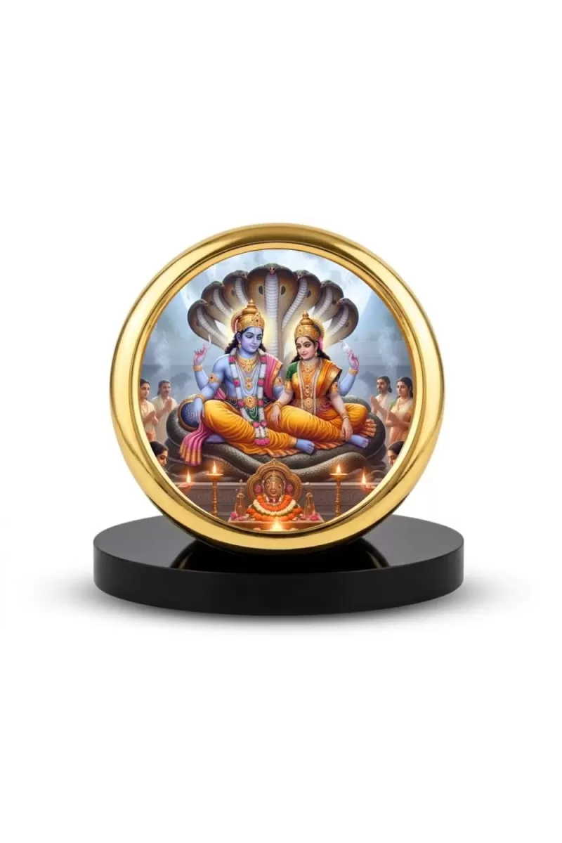 Car Desk/Table Top Lord Vishnu And Lakshmi Metal Golden Photo Stand  2x2 Inches, Compact & Stylish Spiritual Display For Car, Home & Office (Pack Of 1) (F18904)