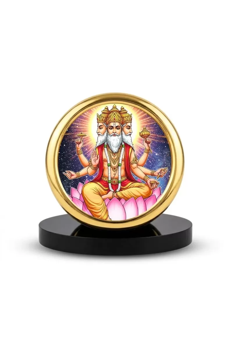 Car Desk/Table Top Lord Bramha Metal Golden Photo Stand  2x2 Inches, Compact & Stylish Spiritual Display For Car, Home & Office (Pack Of 1) (F18909)