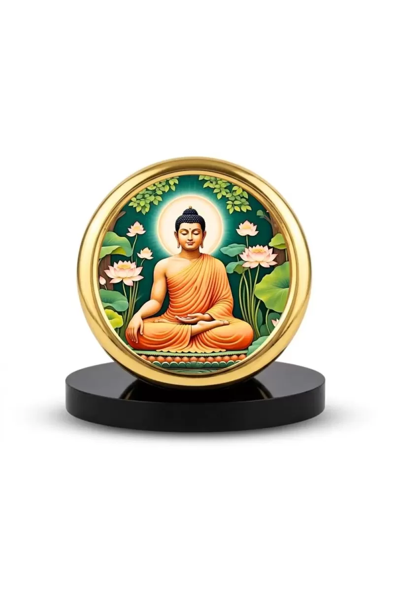 Car Desk/Table Top Serene Buddha Metal Golden Photo Stand  2x2 Inches, Compact & Stylish Spiritual Display For Car, Home & Office (Pack Of 1) (F18911)