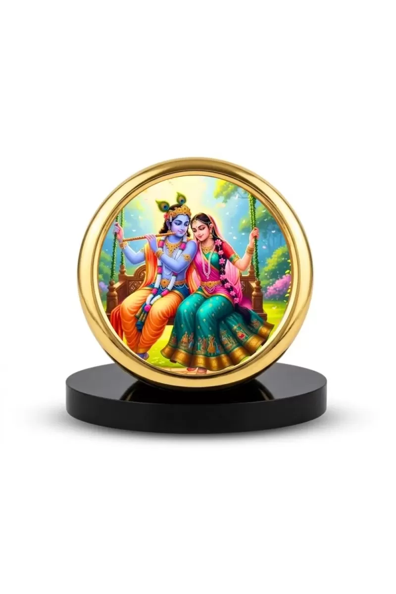 Car Desk/Table Top Radha Krishna Metal Golden Photo Stand  2x2 Inches, Compact & Stylish Spiritual Display For Car, Home & Office (Pack Of 1) (F18915)