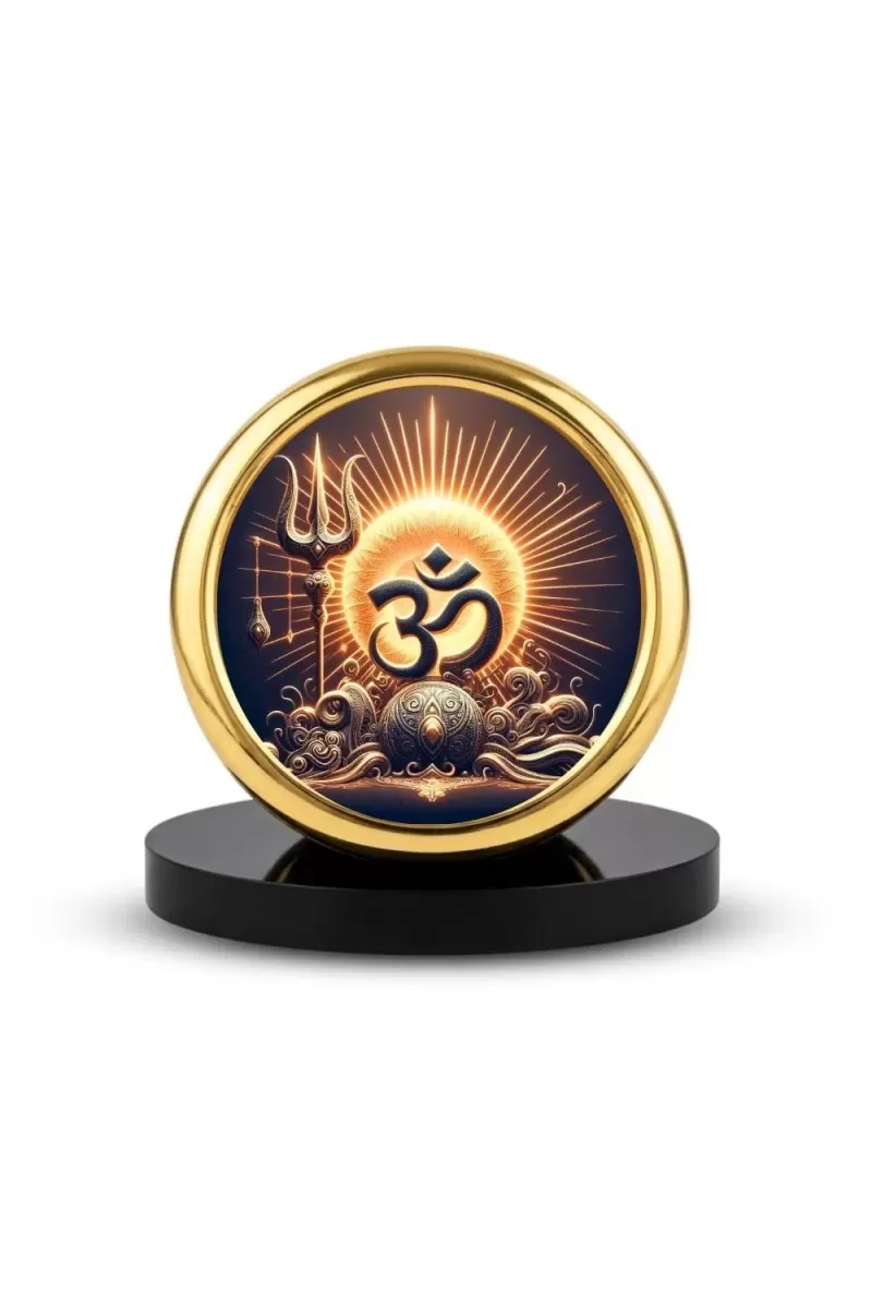 Car Desk/Table Top Om Symbol Metal Golden Photo Stand  2x2 Inches, Compact & Stylish Spiritual Display For Car, Home & Office (Pack Of 1) (F18916)