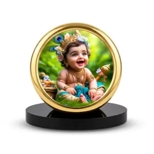 Car Desk/Table Top Little Krishna Metal Golden Photo Stand  2x2 Inches, Compact & Stylish Spiritual Display For Car, Home & Office (Pack Of 1) (F18920)