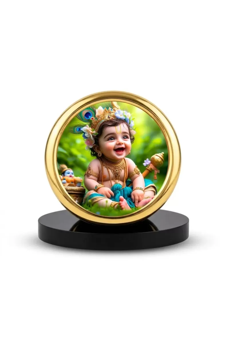 Car Desk/Table Top Little Krishna Metal Golden Photo Stand  2x2 Inches, Compact & Stylish Spiritual Display For Car, Home & Office (Pack Of 1) (F18920)