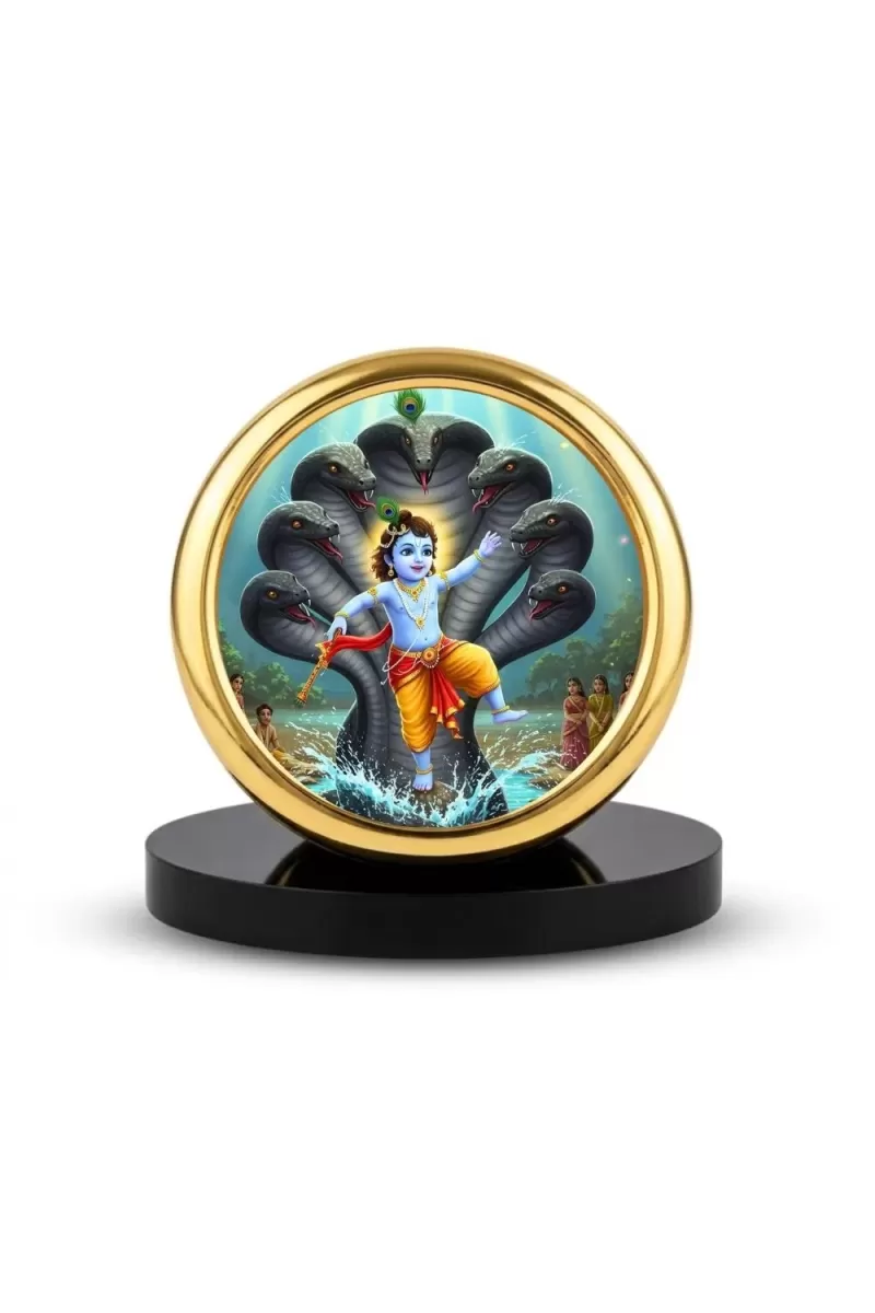 Car Desk/Table Top Lord Krishna Metal Golden Photo Stand  2x2 Inches, Compact & Stylish Spiritual Display For Car, Home & Office (Pack Of 1) (F18925)