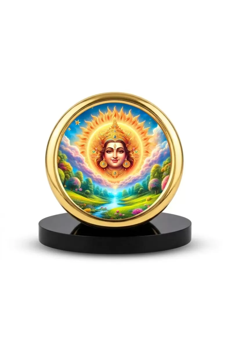 Car Desk/Table Top Lord Surya Bhagavan Metal Golden Photo Stand  2x2 Inches, Compact & Stylish Spiritual Display For Car, Home & Office (Pack Of 1) (F18927)