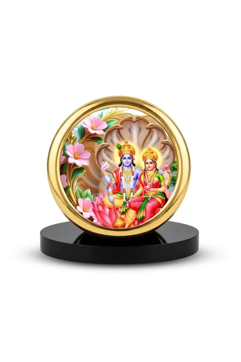 Car Desk/Table Top Lord Vishnu And Lakshmi Metal Golden Photo Stand  2x2 Inches, Compact & Stylish Spiritual Display For Car, Home & Office (Pack Of 1) (F18930)