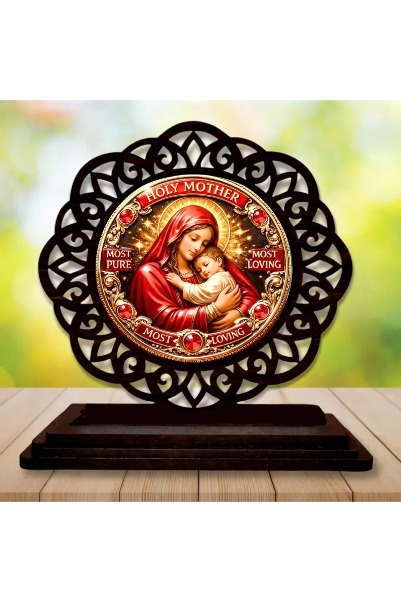 Car Desk/Table Top Lord Jesus And Merry Wooden Photo Stand  3x4 Inches, Compact & Stylish Spiritual Display For Car, Home & Office (Pack Of 1) (F19549)