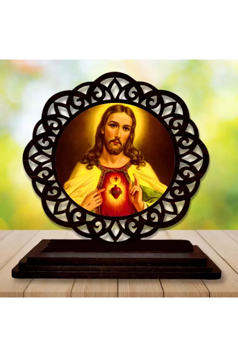 Car Desk/Table Top Lord Jesus Wooden Photo Stand  3x4 Inches, Compact & Stylish Spiritual Display For Car, Home & Office (Pack Of 1) (F19559)