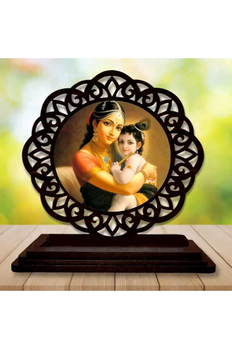 Car Desk/Table Top Lord Krishna With Yashodha Wooden Photo Stand  3x4 Inches, Compact & Stylish Spiritual Display For Car, Home & Office (Pack Of 1) (F19561)