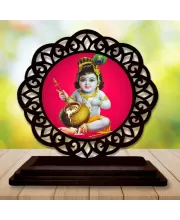 Car Desk/Table Top Lord Krishna Wooden Photo Stand  3x4 Inches, Compact & Stylish Spiritual Display For Car, Home & Office (Pack Of 1) (F19562)