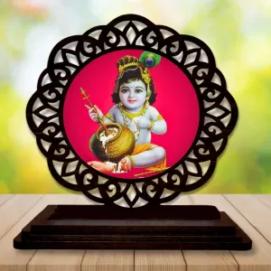 Car Desk/Table Top Lord Krishna Wooden Photo Stand  3x4 Inches, Compact & Stylish Spiritual Display For Car, Home & Office (Pack Of 1) (F19562)