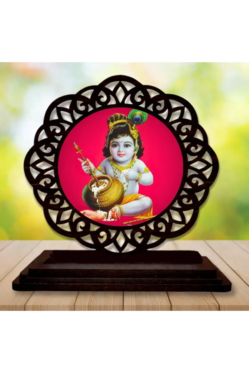 Car Desk/Table Top Lord Krishna Wooden Photo Stand  3x4 Inches, Compact & Stylish Spiritual Display For Car, Home & Office (Pack Of 1) (F19562)