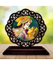 Car Desk/Table Top Radha Krishna Wooden Photo Stand  3x4 Inches, Compact & Stylish Spiritual Display For Car, Home & Office (Pack Of 1) (F19563)