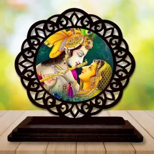 Car Desk/Table Top Radha Krishna Wooden Photo Stand  3x4 Inches, Compact & Stylish Spiritual Display For Car, Home & Office (Pack Of 1) (F19563)
