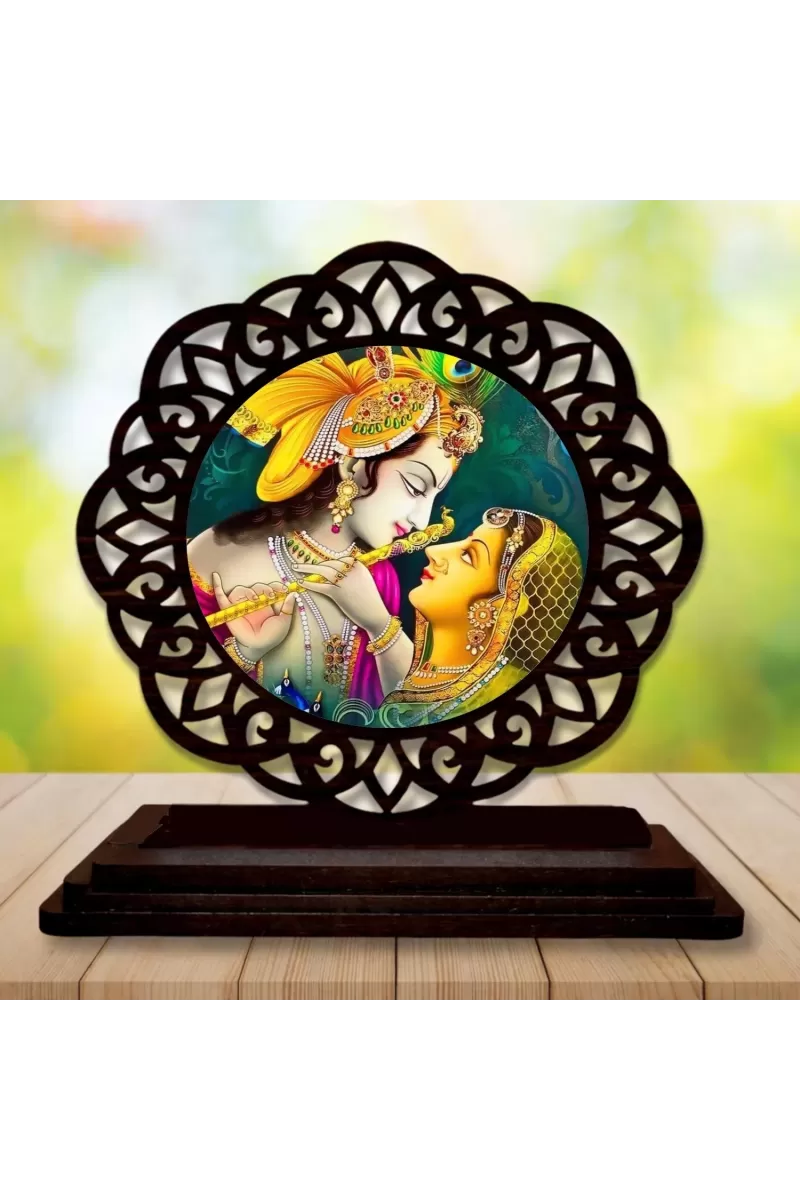 Car Desk/Table Top Radha Krishna Wooden Photo Stand  3x4 Inches, Compact & Stylish Spiritual Display For Car, Home & Office (Pack Of 1) (F19563)