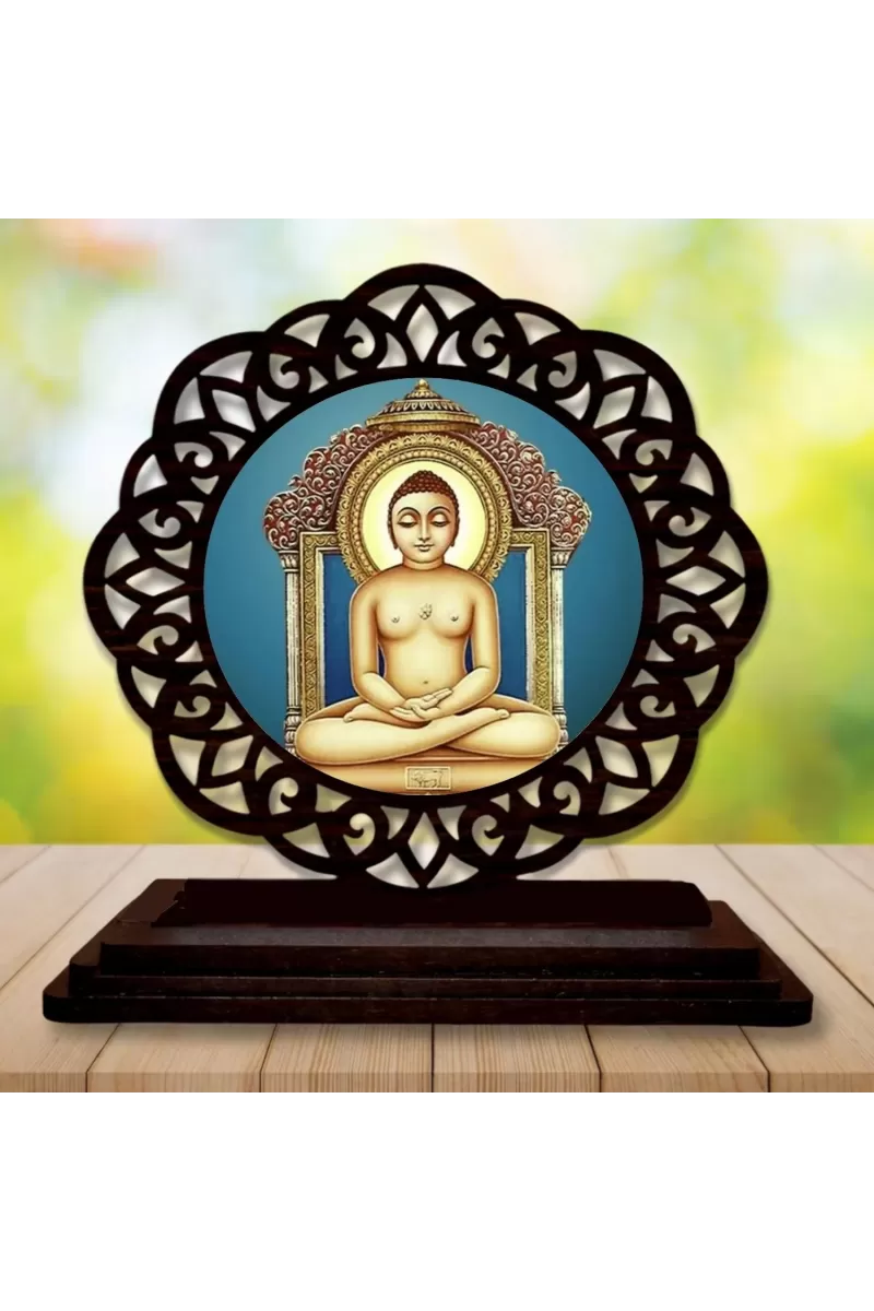 Car Desk/Table Top Lord Mahavira Wooden Photo Stand  3x4 Inches, Compact & Stylish Spiritual Display For Car, Home & Office (Pack Of 1) (F19564)