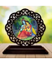 Car Desk/Table Top Radha Krishna Wooden Photo Stand  3x4 Inches, Compact & Stylish Spiritual Display For Car, Home & Office (Pack Of 1) (F19566)