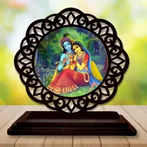 Car Desk/Table Top Radha Krishna Wooden Photo Stand  3x4 Inches, Compact & Stylish Spiritual Display For Car, Home & Office (Pack Of 1) (F19566)