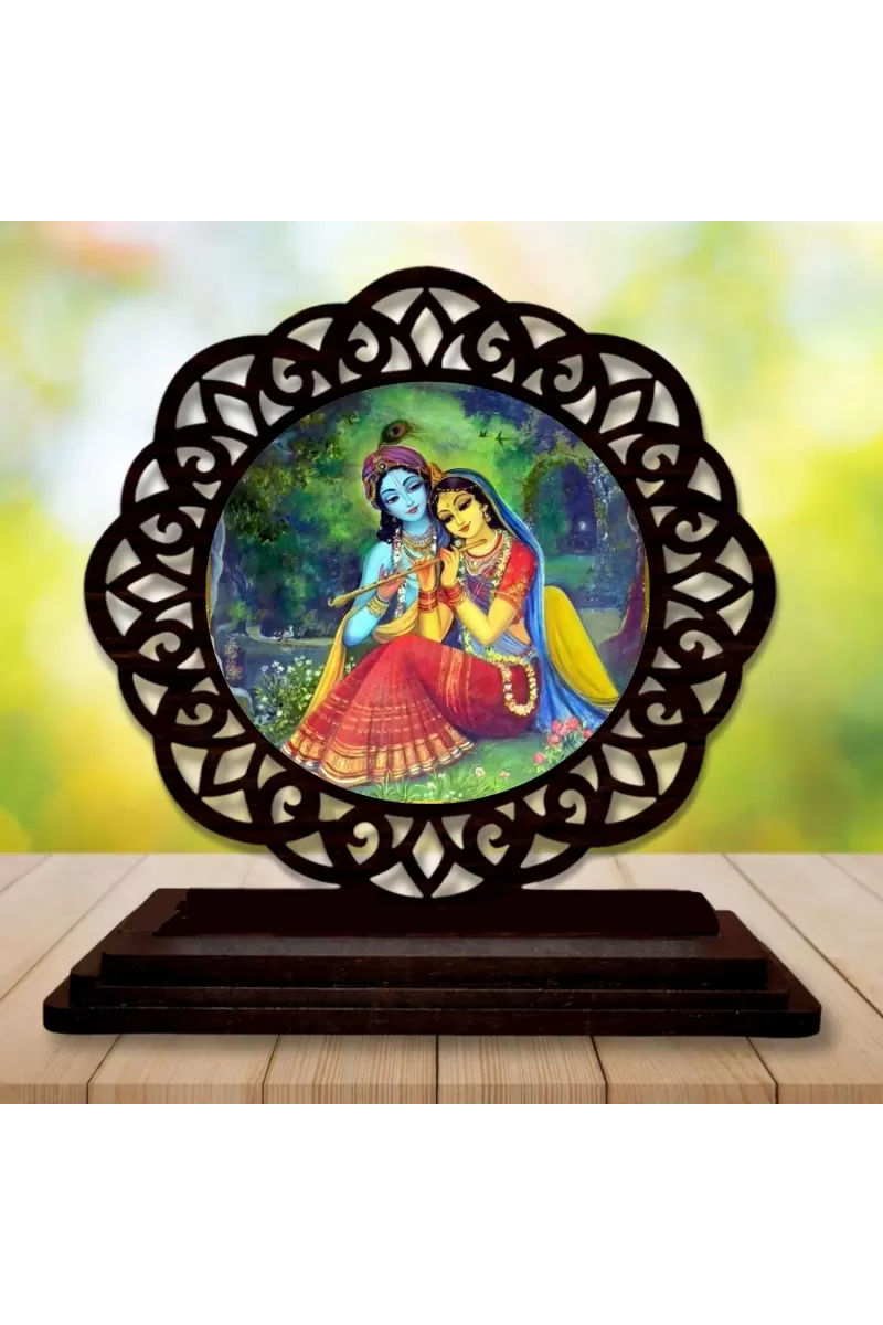 Car Desk/Table Top Radha Krishna Wooden Photo Stand  3x4 Inches, Compact & Stylish Spiritual Display For Car, Home & Office (Pack Of 1) (F19566)