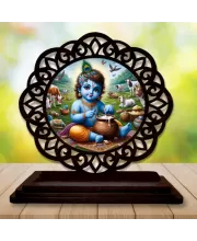 Car Desk/Table Top Lord Krishna Wooden Photo Stand  3x4 Inches, Compact & Stylish Spiritual Display For Car, Home & Office (Pack Of 1) (F19567)