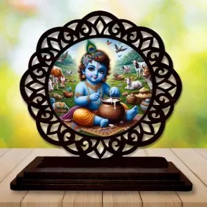 Car Desk/Table Top Lord Krishna Wooden Photo Stand  3x4 Inches, Compact & Stylish Spiritual Display For Car, Home & Office (Pack Of 1) (F19567)