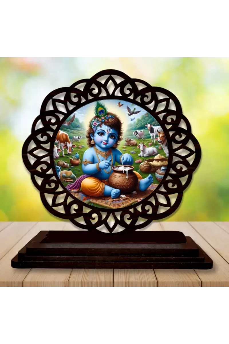 Car Desk/Table Top Lord Krishna Wooden Photo Stand  3x4 Inches, Compact & Stylish Spiritual Display For Car, Home & Office (Pack Of 1) (F19567)