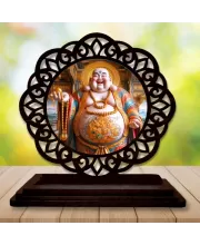 Car Desk/Table Top Laughing Buddha Wooden Photo Stand  3x4 Inches, Compact & Stylish Spiritual Display For Car, Home & Office (Pack Of 1) (F19568)