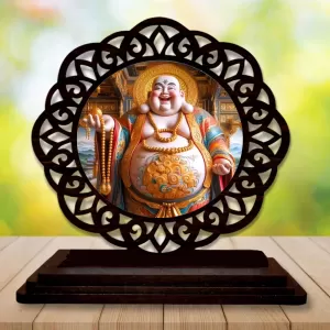 Car Desk/Table Top Laughing Buddha Wooden Photo Stand  3x4 Inches, Compact & Stylish Spiritual Display For Car, Home & Office (Pack Of 1) (F19568)
