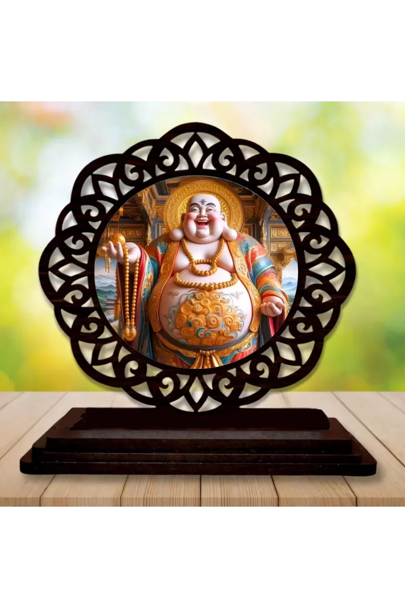 Car Desk/Table Top Laughing Buddha Wooden Photo Stand  3x4 Inches, Compact & Stylish Spiritual Display For Car, Home & Office (Pack Of 1) (F19568)