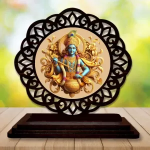 Car Desk/Table Top Lord Krishna  Wooden Photo Stand  3x4 Inches, Compact & Stylish Spiritual Display For Car, Home & Office (Pack Of 1) (F19554)