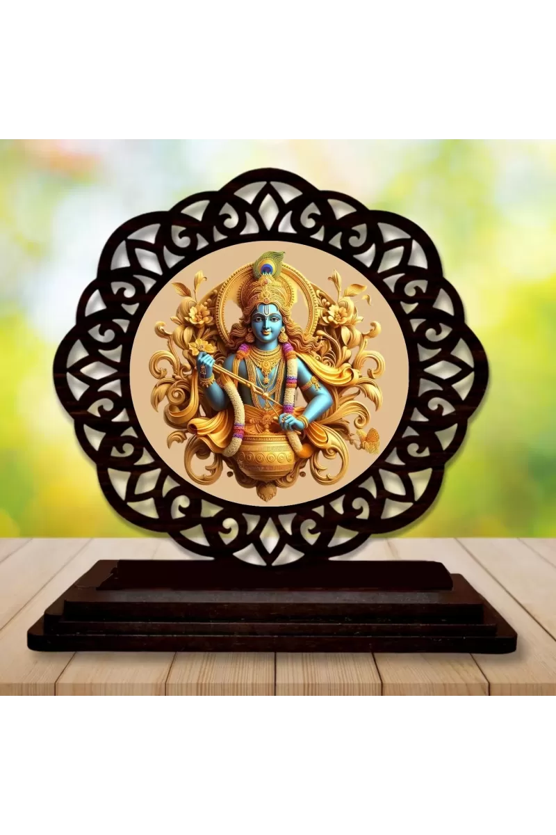 Car Desk/Table Top Lord Krishna  Wooden Photo Stand  3x4 Inches, Compact & Stylish Spiritual Display For Car, Home & Office (Pack Of 1) (F19554)