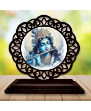 Car Desk/Table Top Lord Krishna Wooden Photo Stand  3x4 Inches, Compact & Stylish Spiritual Display For Car, Home & Office (Pack Of 1) (F19591)