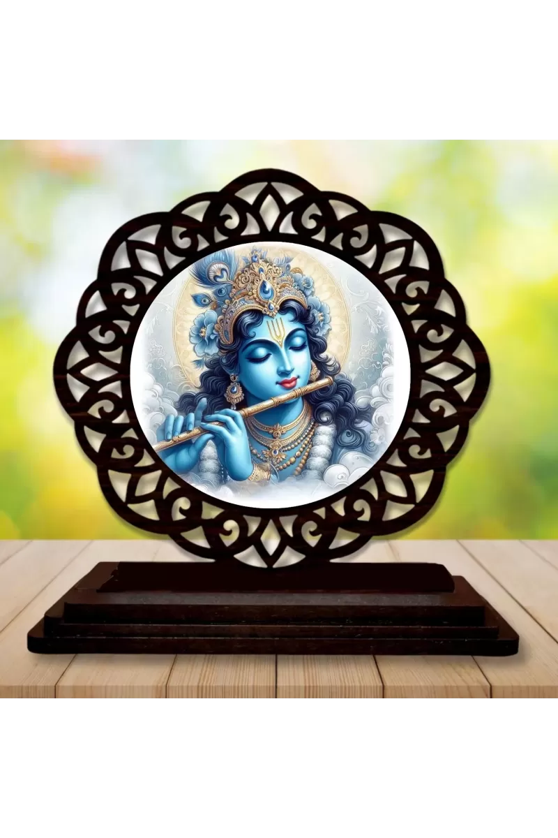 Car Desk/Table Top Lord Krishna Wooden Photo Stand  3x4 Inches, Compact & Stylish Spiritual Display For Car, Home & Office (Pack Of 1) (F19591)