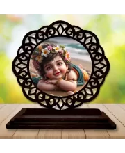 Car Desk/Table Top Lord Krishna Wooden Photo Stand  3x4 Inches, Compact & Stylish Spiritual Display For Car, Home & Office (Pack Of 1) (F19592)