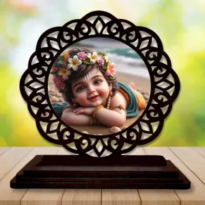 Car Desk/Table Top Lord Krishna Wooden Photo Stand  3x4 Inches, Compact & Stylish Spiritual Display For Car, Home & Office (Pack Of 1) (F19592)