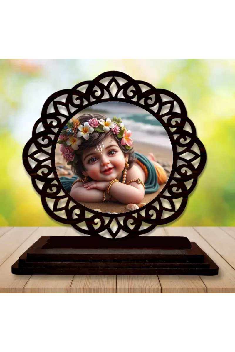 Car Desk/Table Top Lord Krishna Wooden Photo Stand  3x4 Inches, Compact & Stylish Spiritual Display For Car, Home & Office (Pack Of 1) (F19592)