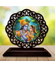 Car Desk/Table Top Radha Krishna Wooden Photo Stand  3x4 Inches, Compact & Stylish Spiritual Display For Car, Home & Office (Pack Of 1) (F19595)